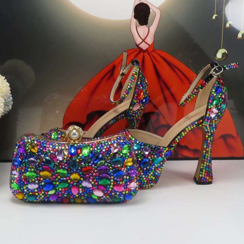 BaoYaFang Brand Summer Bridal Shoes and bag Fashion Sandals Female Ankle Strap Multicolored Crystal Sandals Girls Wedding Shoes