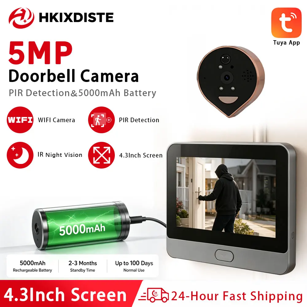 5MP Tuya Smart Peephole Camera 4.3 Inch Display 5000mAh Long Life Battery WiFi PIR Detection Night Vision Apartment Door Monitor