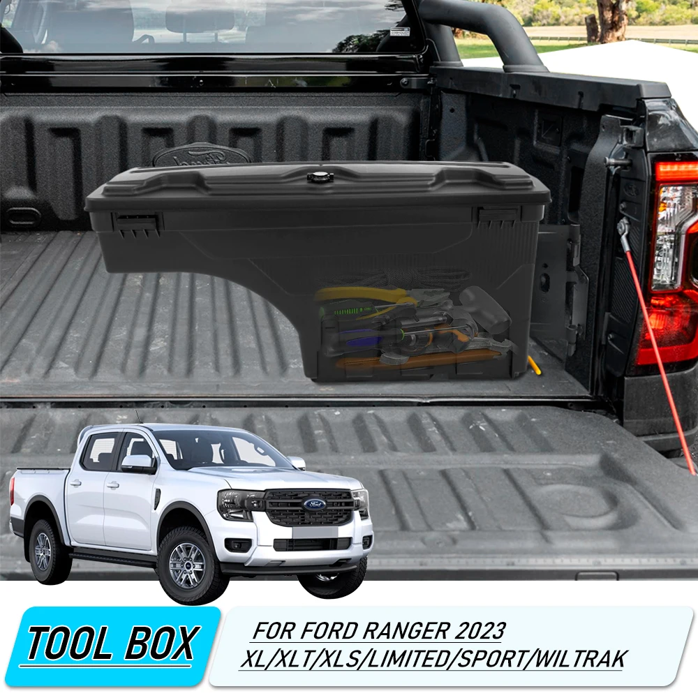 Left/Right Side Blk Truck Bed Tailgate Storage Tool Box Swing Case for Ford Ranger 2023 2024 Wildtrak Sport XLT XLS XL Limited