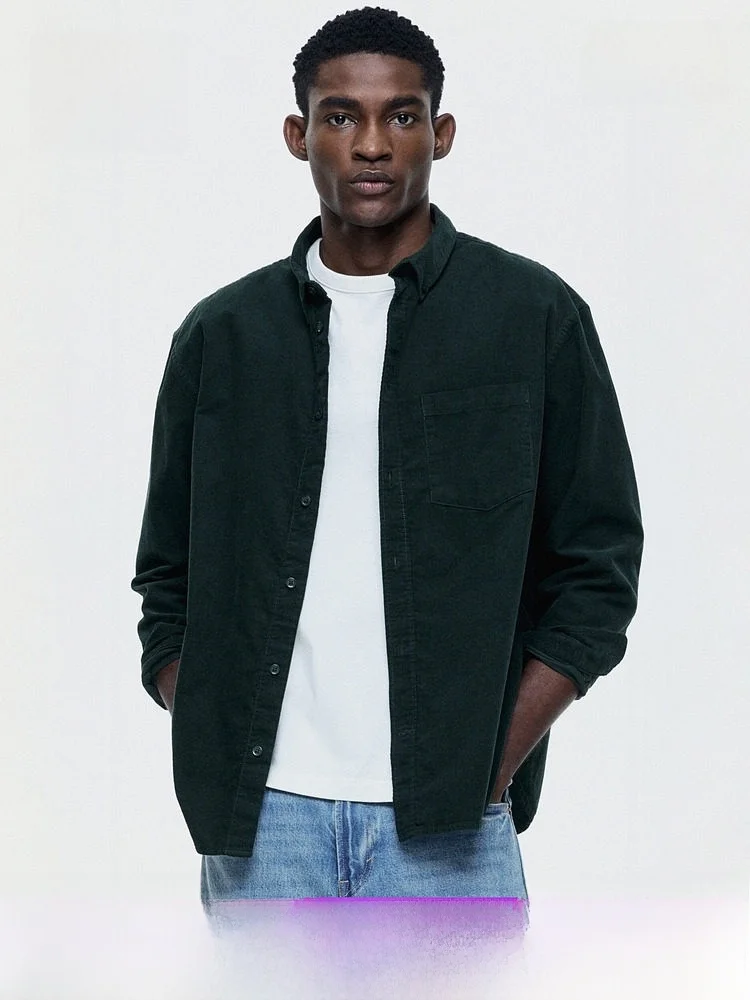 

H&M Men's Standard Fit Corduroy Shirt Long Sleeve Button up Cotton Spring Summer New Arrival Classic Style Casual Wear