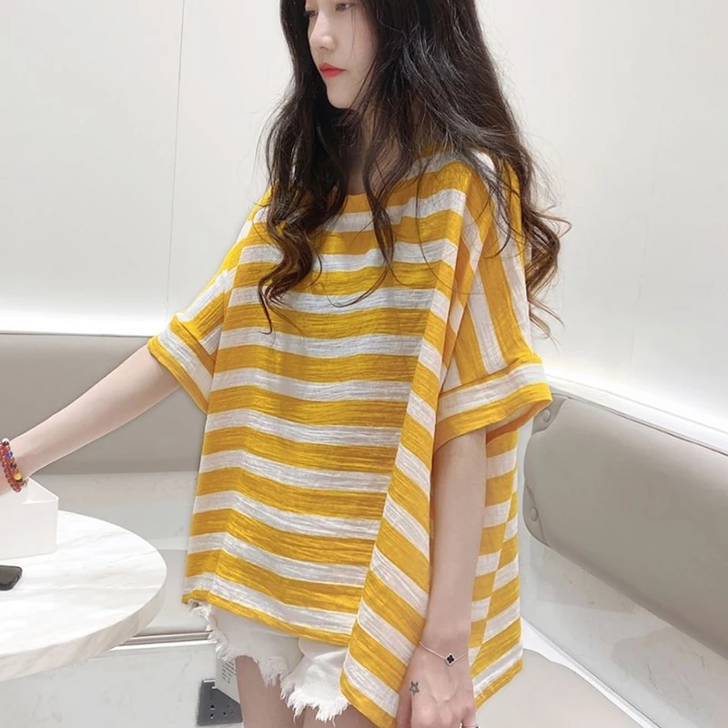 

2022 Summer Chiffon Striped Short Batwing Sleeve Women T Shirt Korean Fashion Causal Harajuku Oversized Office Work Top Pullover