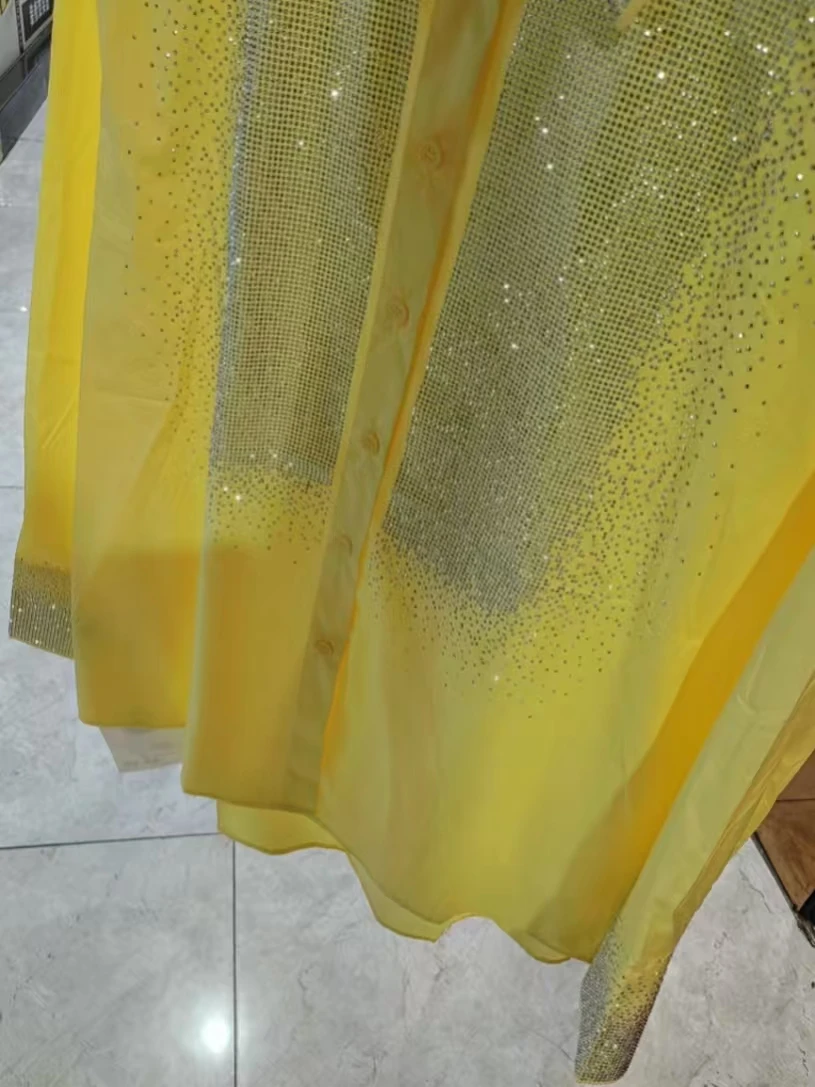 เสื้อเชิ้ตและเสื้อเบลาส์ผ้าฝ้ายสีเหลืองประดับเพชรหรูหราสำหรับผู้หญิง เสื้อแขนยาว เสื้อผ้าผู้หญิง สไตล์ Y2K