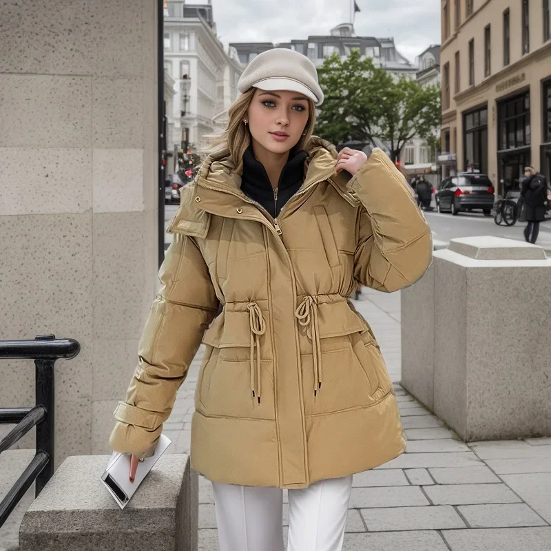 2025 Winter vrouwen Nieuwe Lange Katoenen Jas Vrouwelijke Capuchon Taille Trekkoord Parka Jassen Vrouwen Meerdere Zakken Casual Jas tops