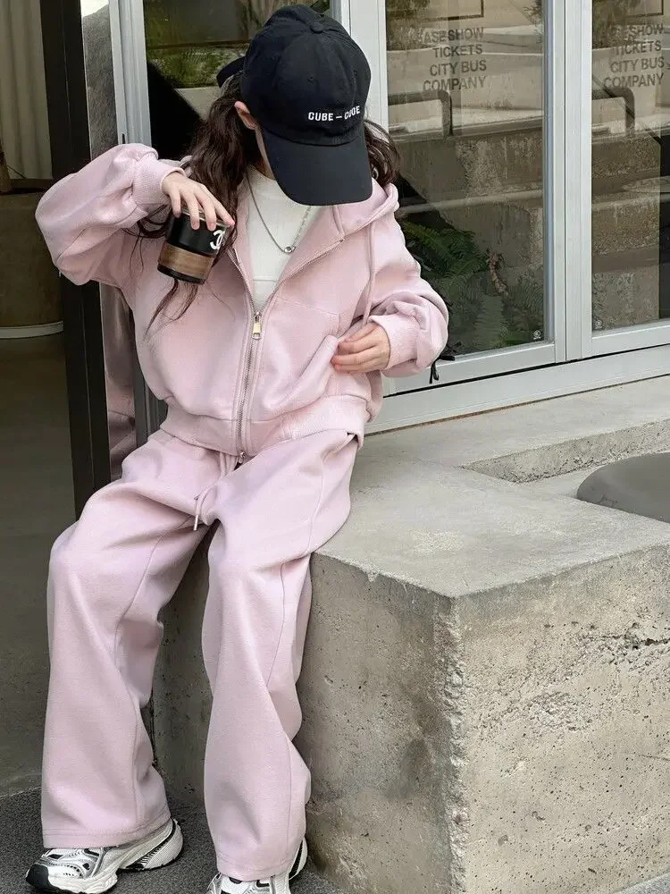 Mädchen-Trainingsanzug mit Kapuze und Schleifendetail – zweiteiliges Outfit im koreanischen Stil mit langärmeliger Jacke und Hose für größere Kinder. – Detail 19