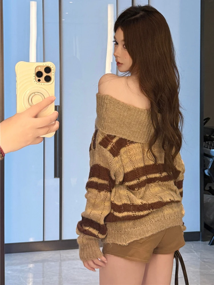 Suéter de Punto a Rayas Estilo Urbano, Un Hombro Descubierto, Hoado, Recto, Estilo Vintage, Informal