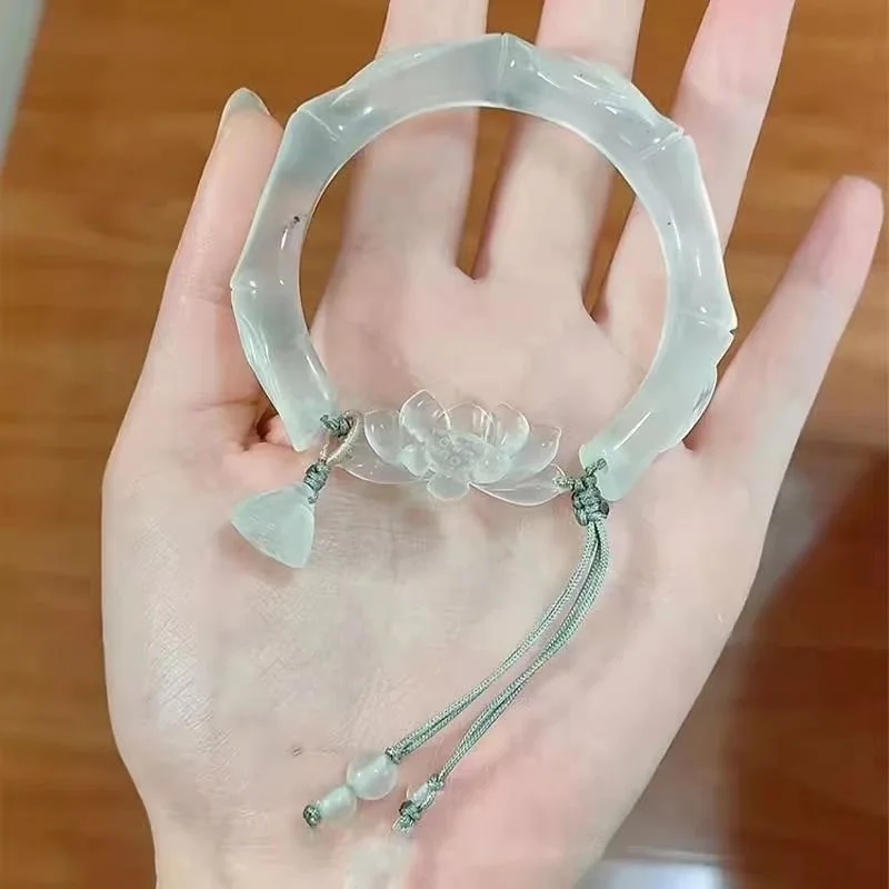 Nuevo brazalete de loto de Jade exageración de imitación de estilo antiguo, pulsera de bambú con temperamento de borla de estilo chino, joyería de colección