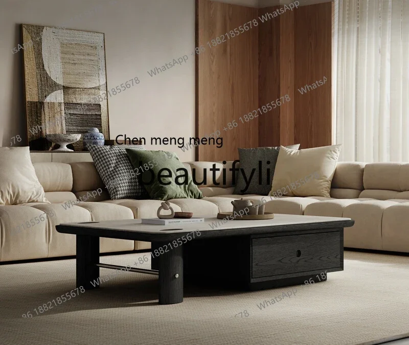 Wabi Sand wind travertine rock slab coffee table household living room high-end Italian minimalist rectangular coffee table