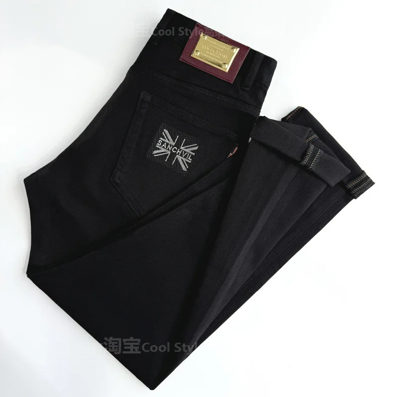 

High end embroidered pure black jeans for men, casual slim fit, small feet, autumn elastic denim, fashionable pants