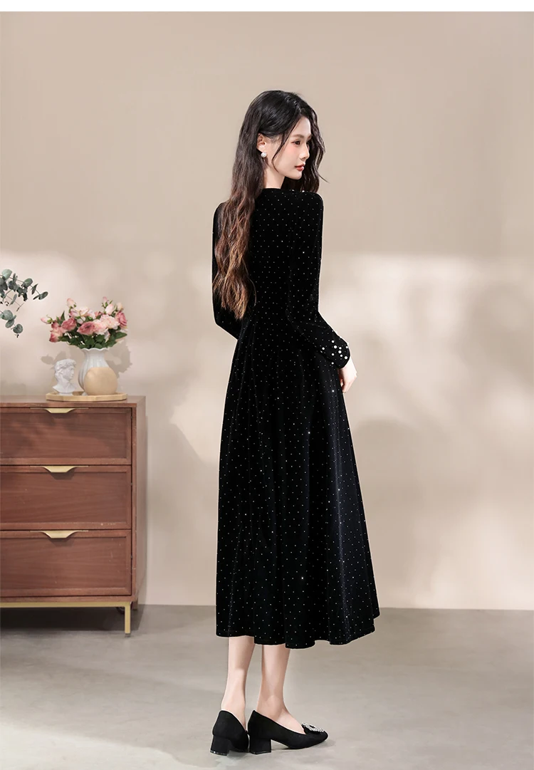 Retro elegante feminino vestido de festa à noite veludo brilhante strass pérola vestido de baile primavera moda manga longa vestido de festa