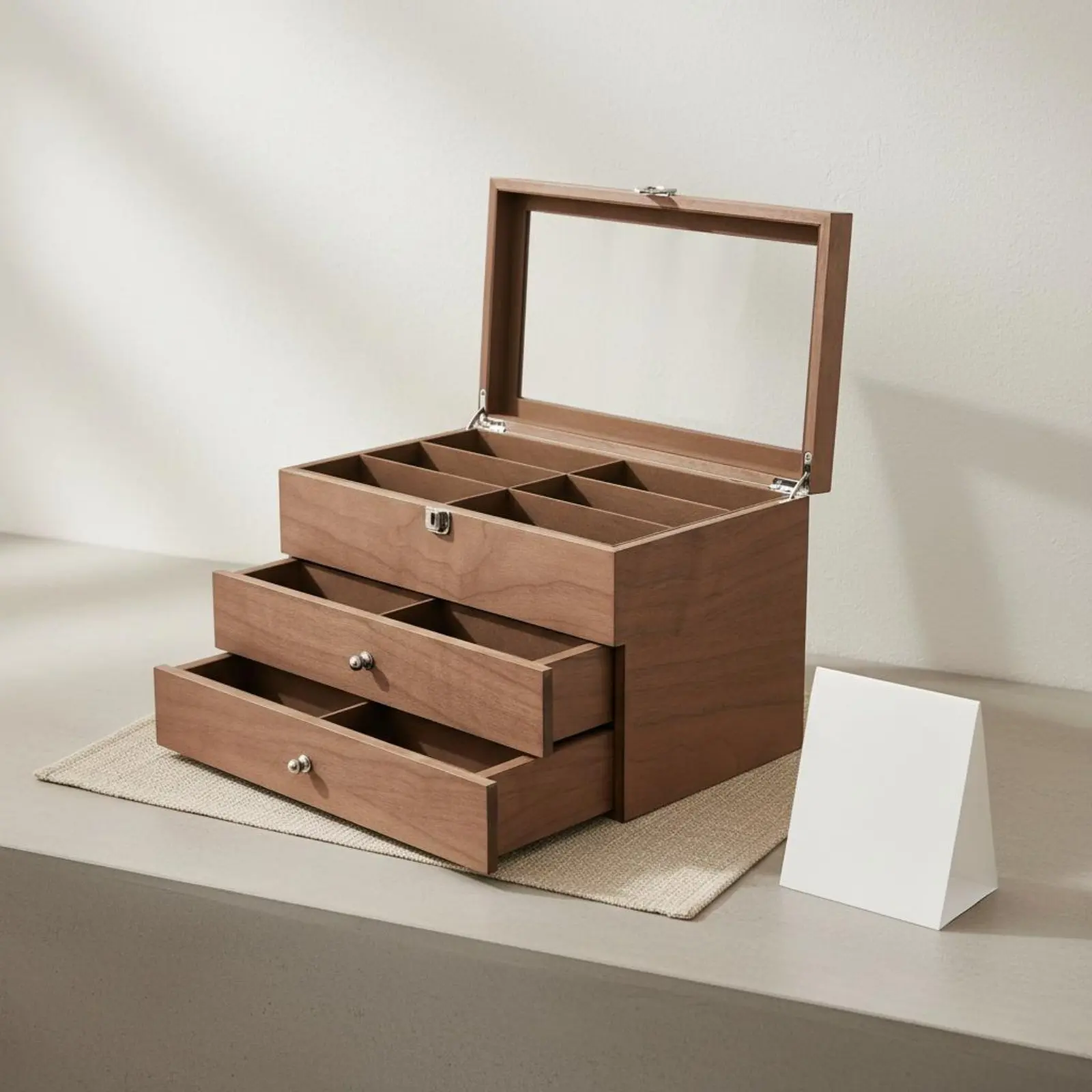 

Walnut Finish Glasses Chest Large Capacity Wooden Sunglasses Display Case 18 Compartment Glasses Box Dustproof