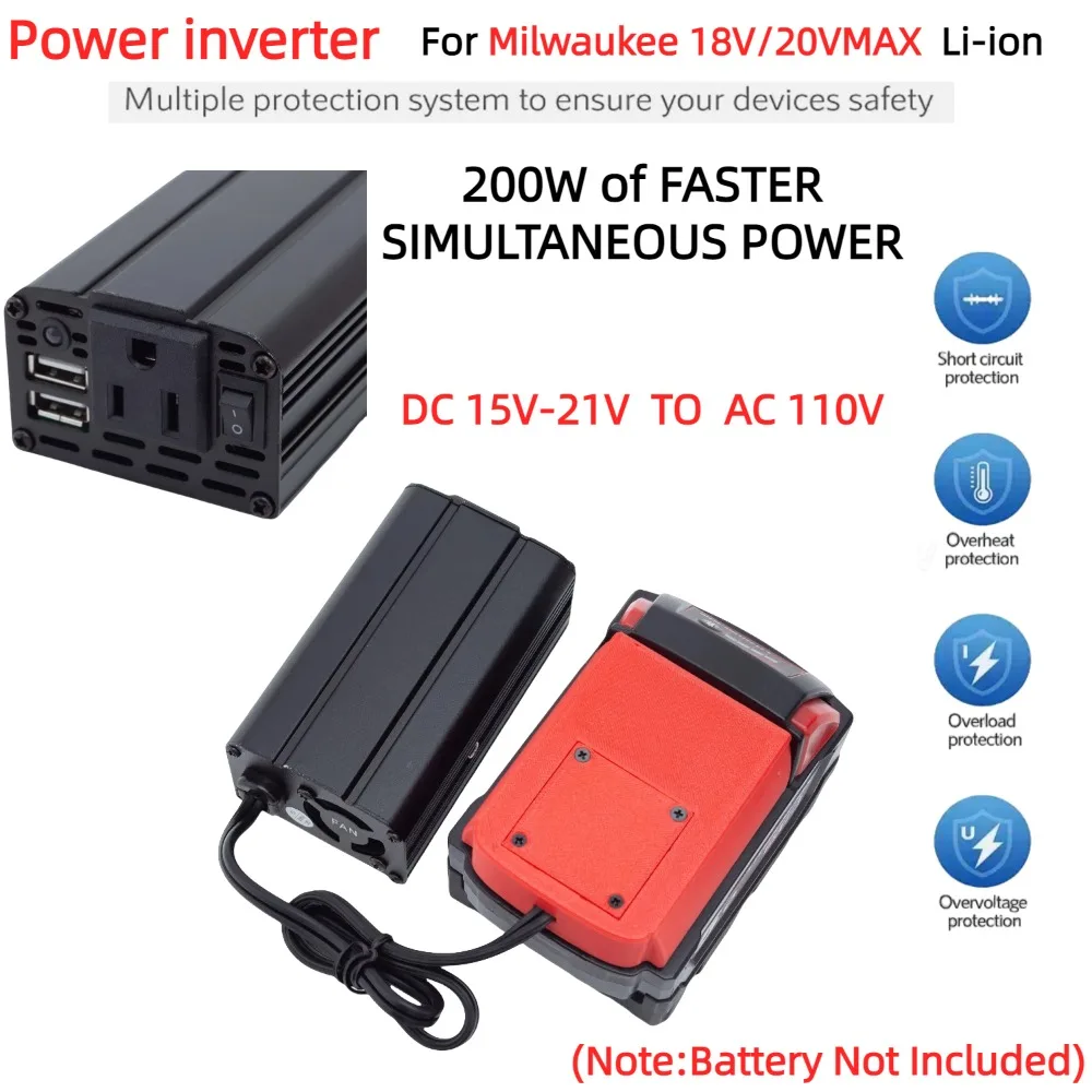 Inversor de corriente de 200W para iones de litio Milwaukee 18V/20VMAX, inversor inalámbrico alimentado por CC de 15-21V a CA 110V con USB Dual 5V