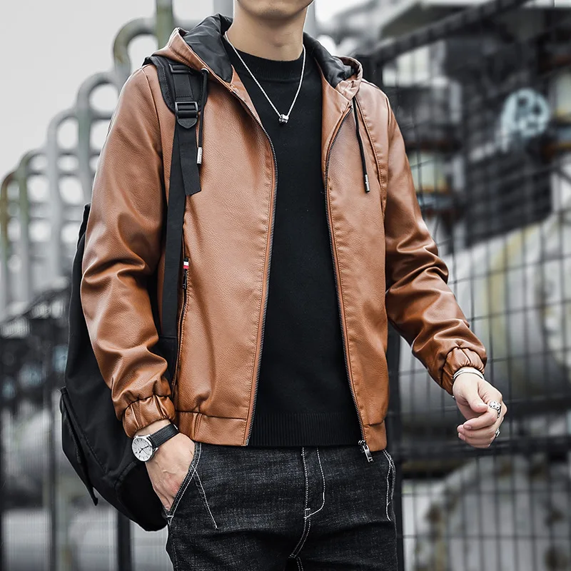 2025 New Arrival Hooded PU Leather Jacket for Men, Autumn/Winter, Light Business Casual, Square Neck  Men Jacket