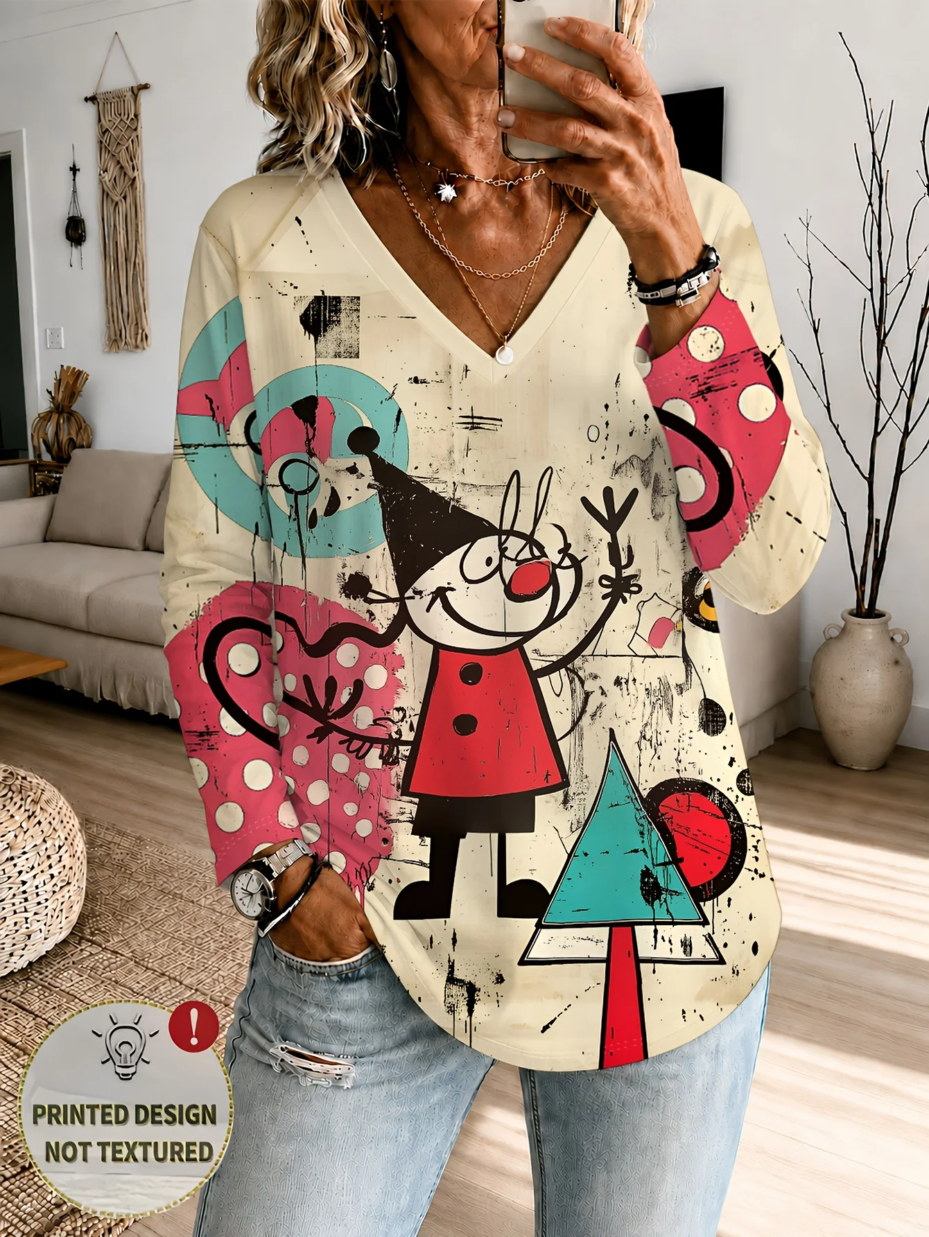 Women Long Sleeve Top Christmas Cartoon Clown Tree Polka Dot Print V Neck Casual Daily Party Tee Women's Clothes
