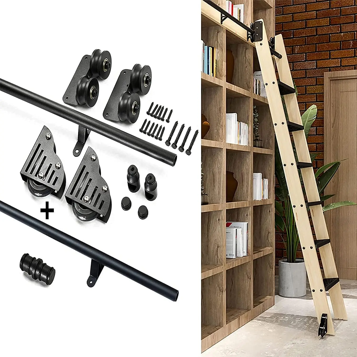 Sliding Barn Door Kit 3.3Ft-13Ft Sliding Ladder Library Full Set Hardware Rolling Track (No Ladder), Steel Round Tube Mobile