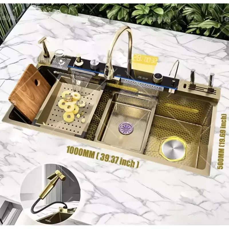 XHS CN Gold Stainless Steel Waterfall Kitchen Sink Multifunctional Large Single Double Sink Digital Display Dishwashing Sink