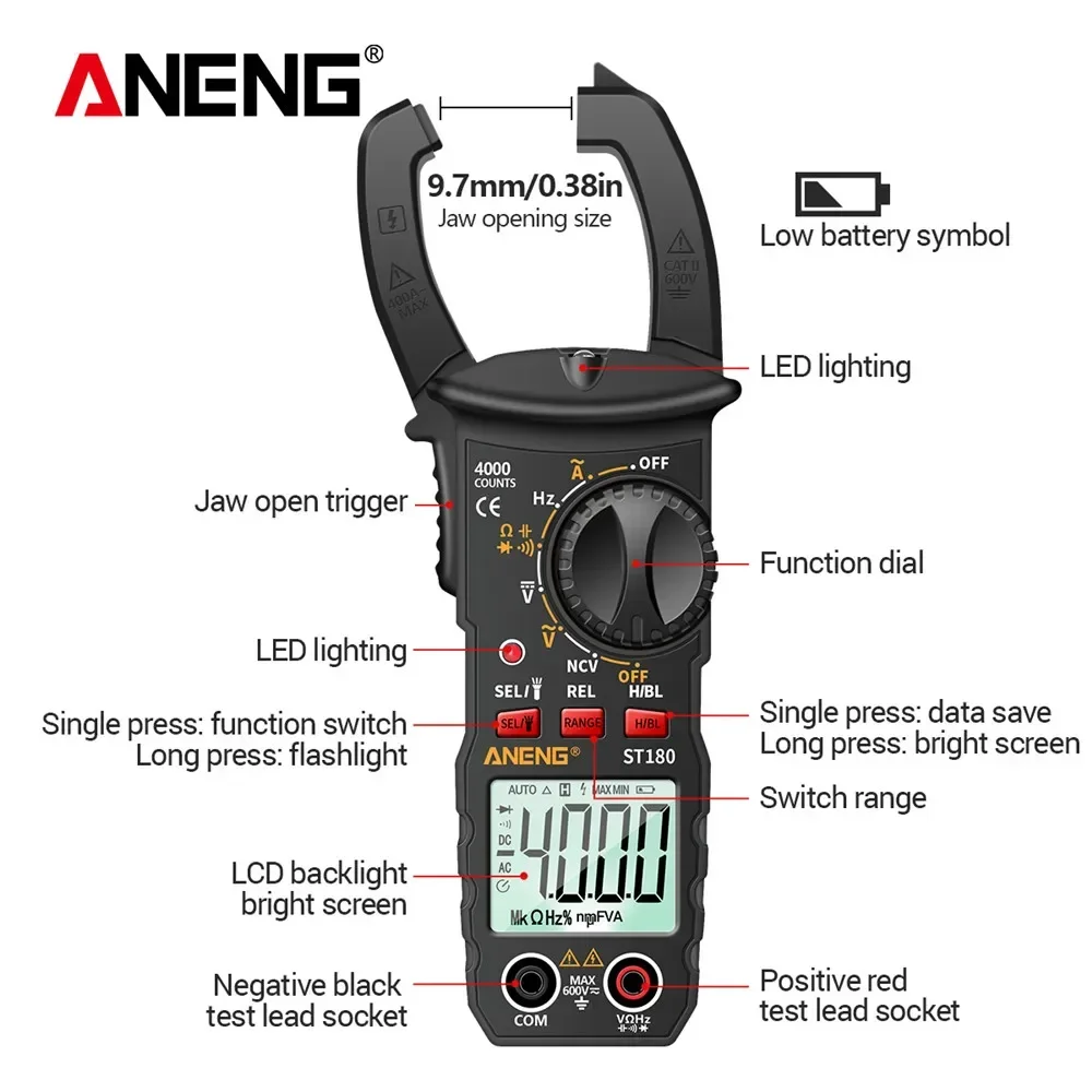 2024 New ST180 4000 Counts Digital Clamp Meter AC Current Multimeter Ammeter Voltage Tester Car Amp Hz Capacitance NCV Ohm Tool