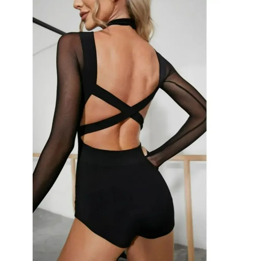 Latin Dancewear Women Black Mesh Cross Belt Backless Top, Couples Matching Training Performance Dance Lingerie Costume