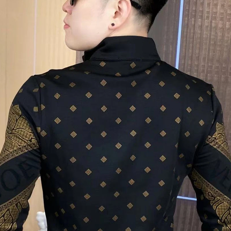 Spring Autumn Stand Collar Harajuku Y2K Printing Pullover Tee Male Long Sleeve Trend Fashion Casual Tops Hombre Sweatshirt Tee