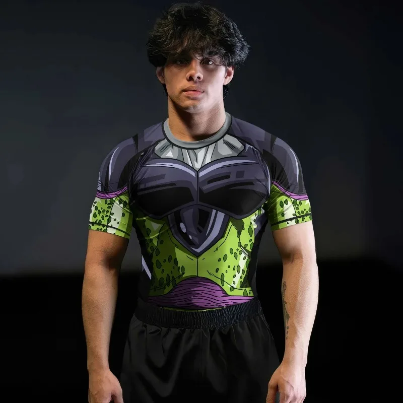 Dragon Ball Cell 2026 New Compression Shirt - Green Purple Armor Print, Quick Dry Short Sleeve Rash Guard for Gym Training & MMA