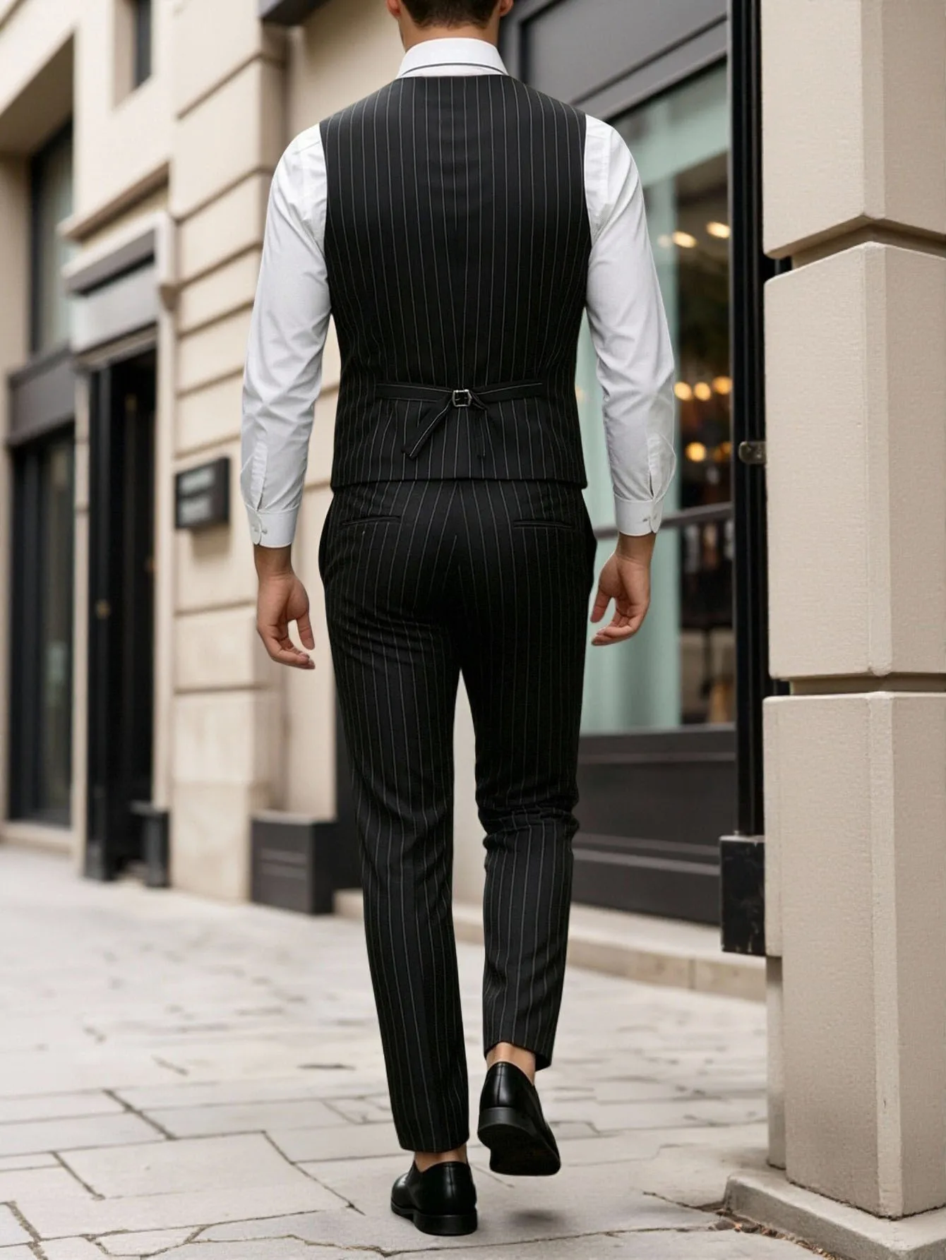 Men's Pinstripe Suit Vest Pants 2 Pieces Set 20% Viscose 80% Polyamide Formal Business Wedding Waistcoat Trousers Outfit S‑XXL