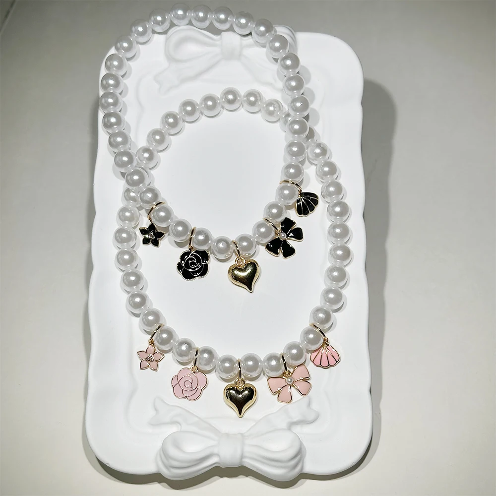 

10mm White Pet Cat Necklace Collar with Beaded Pearl with Cute Charms Elastic Rope Design Puppy Kitten Elegant Accessory