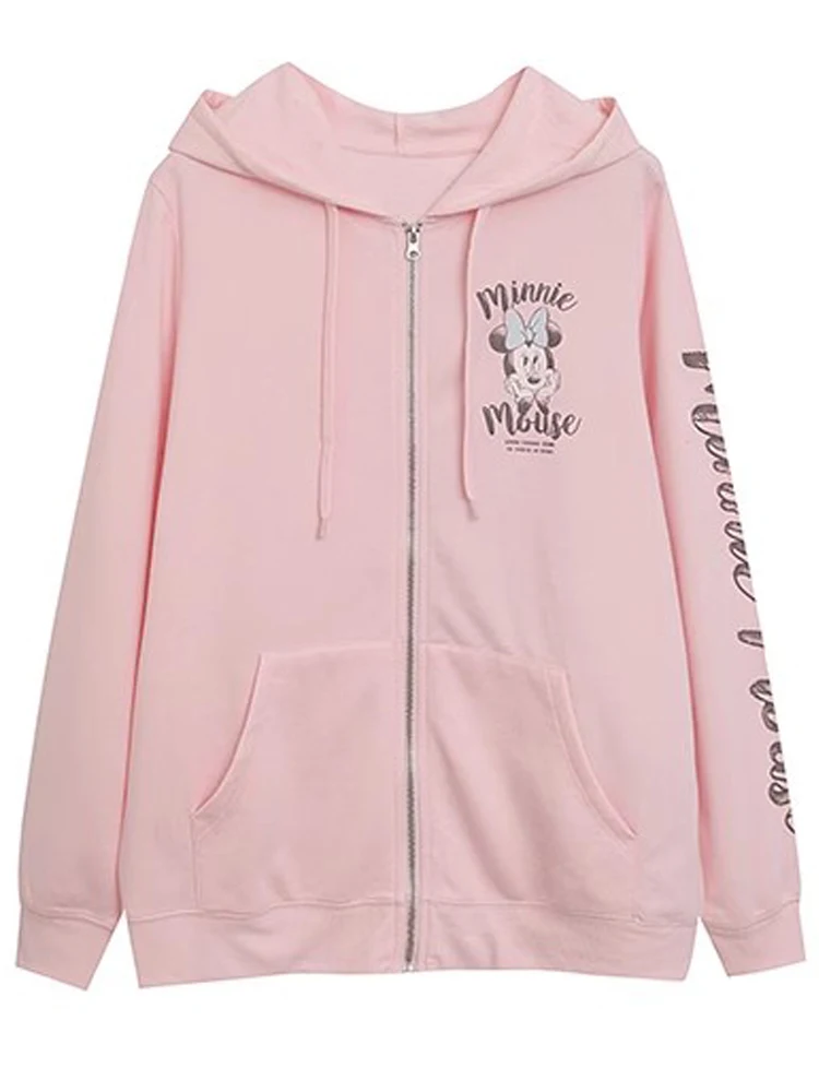 Disney Sweatshirt Minnie Mouse Cartoon Print Fashion Women Hooded Zip Up Long Sleeve Jumper Jacket Tops + Long Pants Pink Female