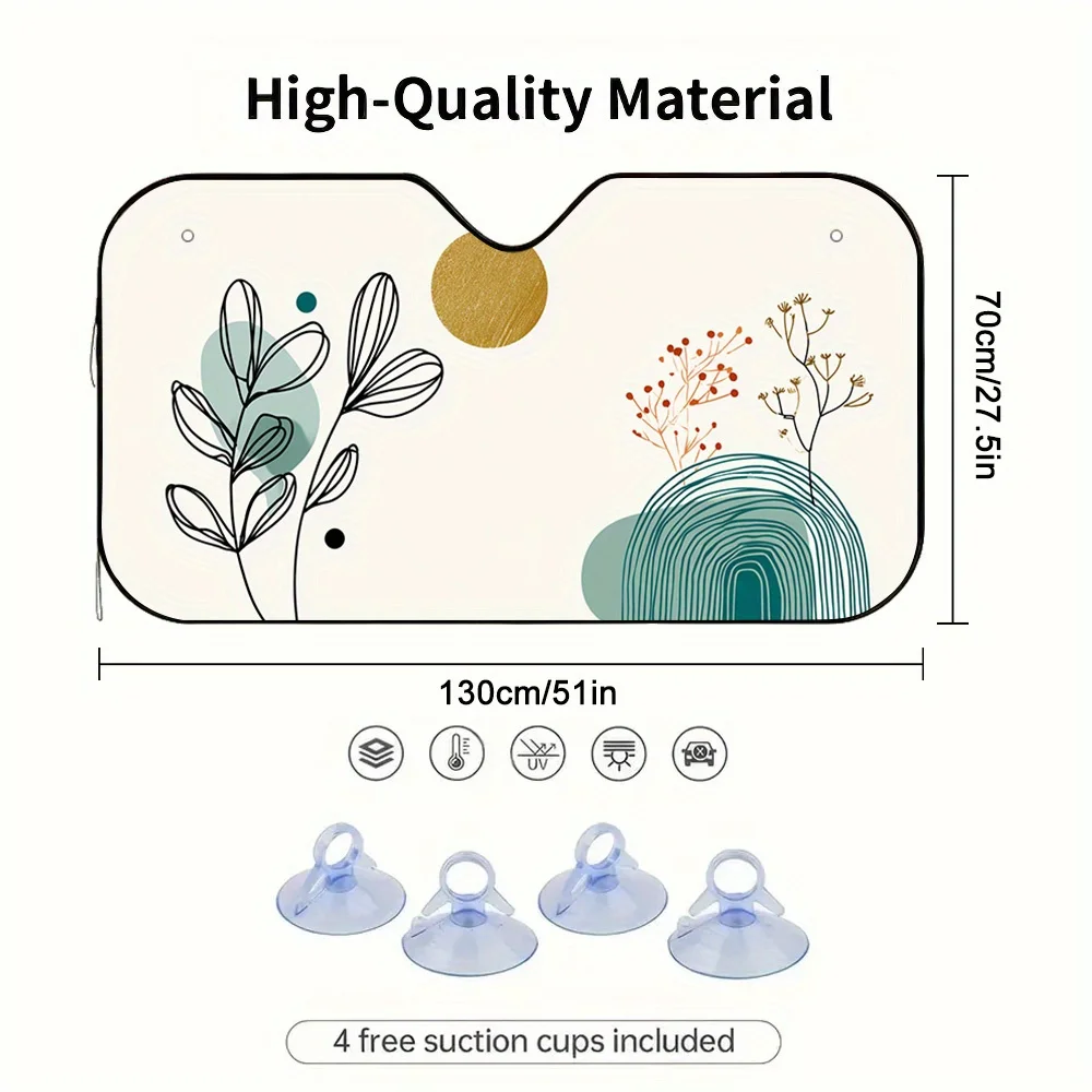 1pc 2D Flat Simplified Plant Arc Diagram Car Sunshade With Fashionable Print – Keeps Your Car Cool, Includes 4 Free Suction Cups