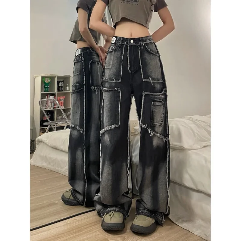 Women's Spring Autumn High Waist Washed Jeans Fashion Trend Personalized Button Zipper Panel Casual Versatile Straight Leg Pants