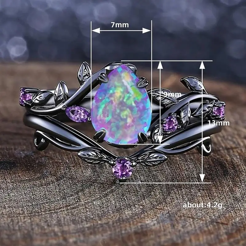 Huitan Spezieller schwarzer 2-teiliger Ring für Damen, Weinblatt-Design, frischer lila Opal, Accessoires, Party, Hochzeit, Schmuck mit eingelegtem CZ – Detail 1