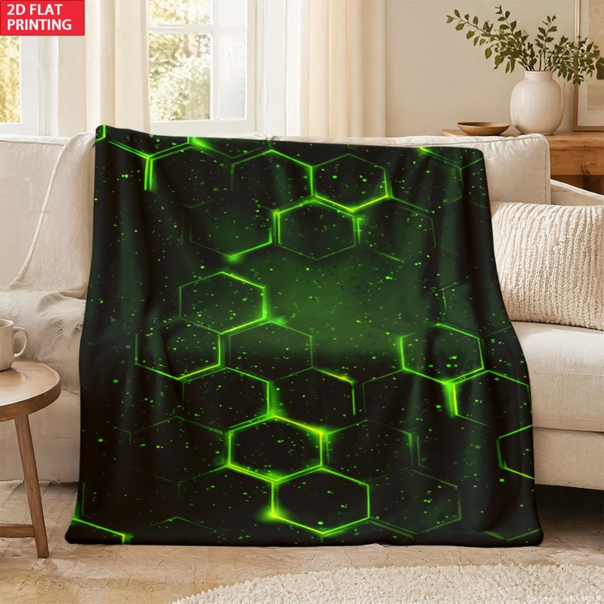 2D Flat Printing 1pc Futuristic Green Glowing Hexagon Pattern Soft Flannel Throw Blanket Soft Warm Flannel Four Seasons Suitable