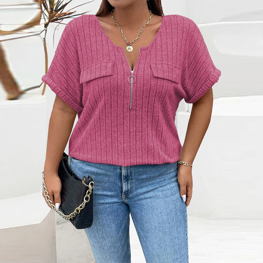 Women Plus Size Tops Summer Solid Pit Strip Casual Loose O-Neck Short Sleeve 1/2 Zip T-shirt Fake Pocket Tees Female Clothes