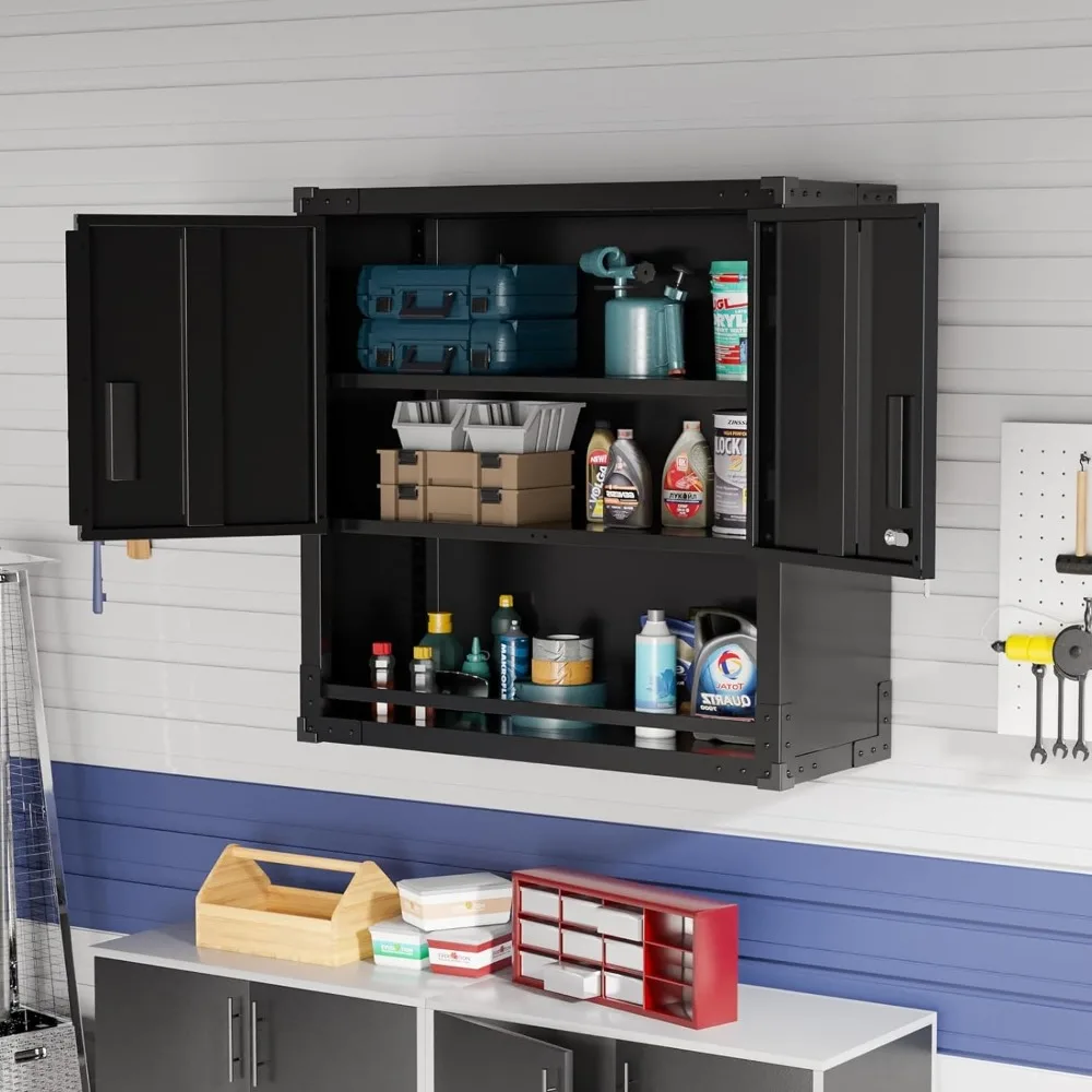 Metal Wall Mounted Storage Cabinets with Locking Doors & Adjustable Shelf Black
