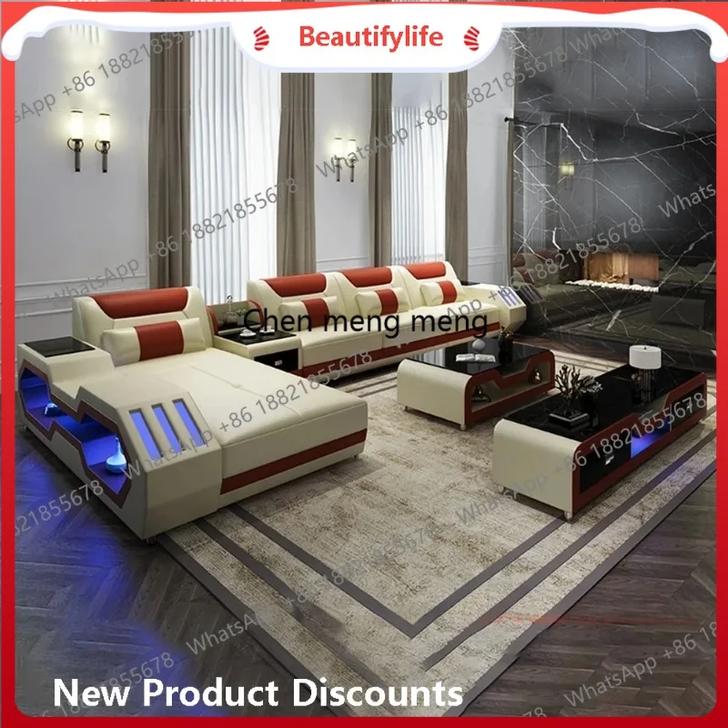 a48 Modern LED Lighted Sofa Set with Recliner, Adjustable Headrest & Console | Luxury Leather Sectional Couch | Futuristic Furni