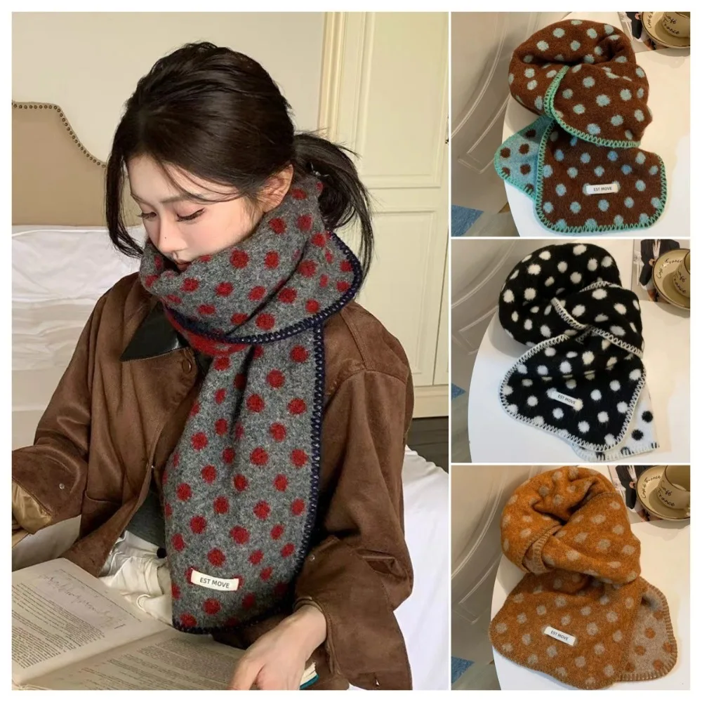 Korean Polka Dot Knit Scarf for Women Fall Winter Thick Warm Neck Warmer Versatile Student Overlocked Edge Scarf for Girls