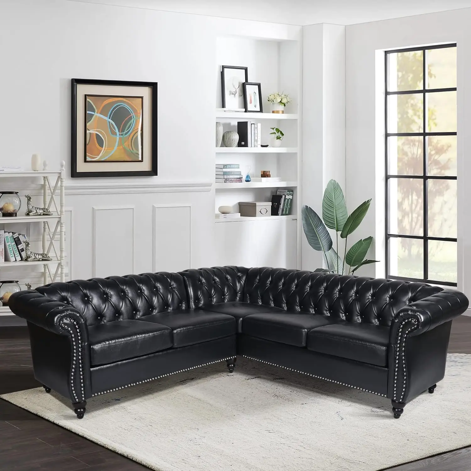 Small Sectional Sofa, Chesterfield Leather Couch Tufted Accent Sofa with Scroll Arms and Nailhead for Living Room, Office