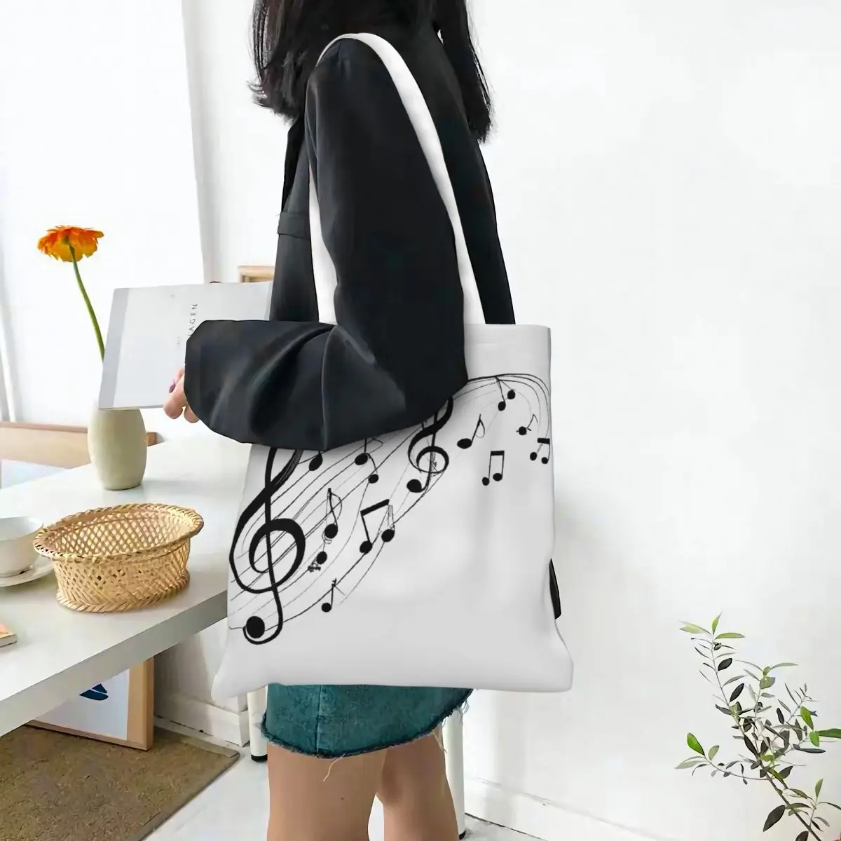 Music Notes Design Canvas Tote Handbag Musical Symbols    Shoulder Bags Large Capacity Shopper Bags for Unisex