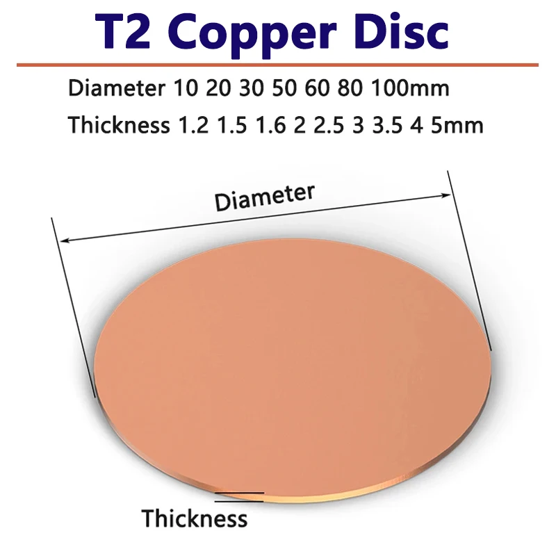 

T2 Copper Disc Round Plate Thickess 1.2 1.5 1.6 2 2.5 3 3.5 4 5mm Solid Copper Sheet Plate Diameter 10 20 30 50 60 80 100mm