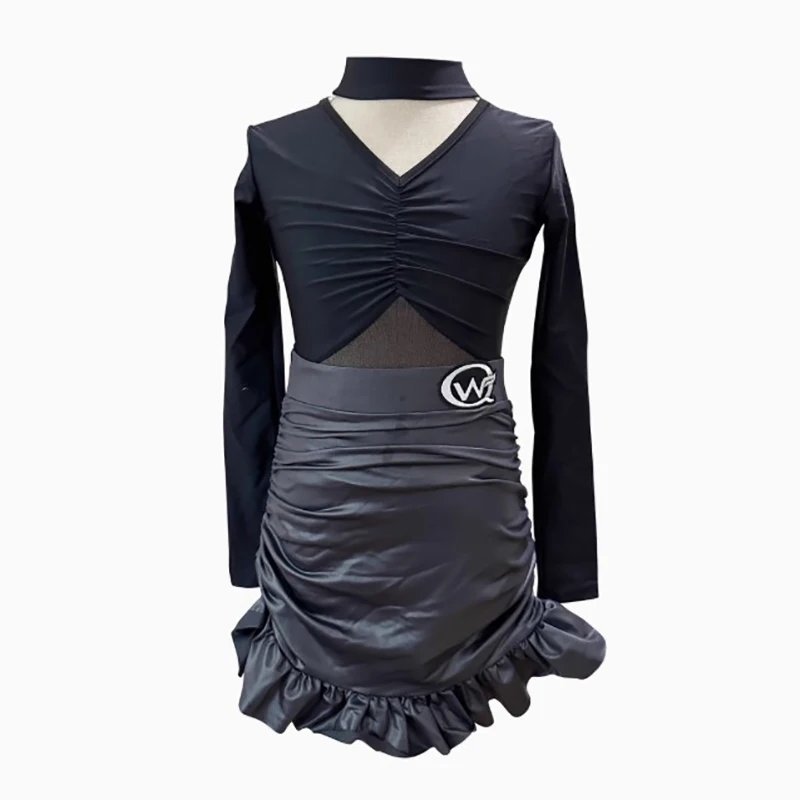 Dziecięcy strój do tańca latynoamerykańskiego dla dziewczynek, body z długim rękawem i spódniczka z zakładkami, standardy, profesjonalny strój do występów i egzaminów dla dzieci.