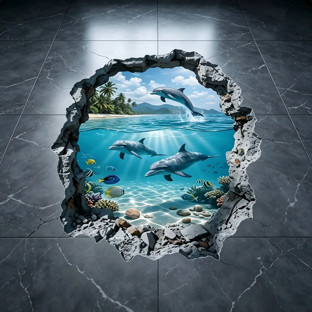 1 underwater dolphin themed blue-green seawater floor sticker suitable for bathrooms, children's rooms, or swimming pools