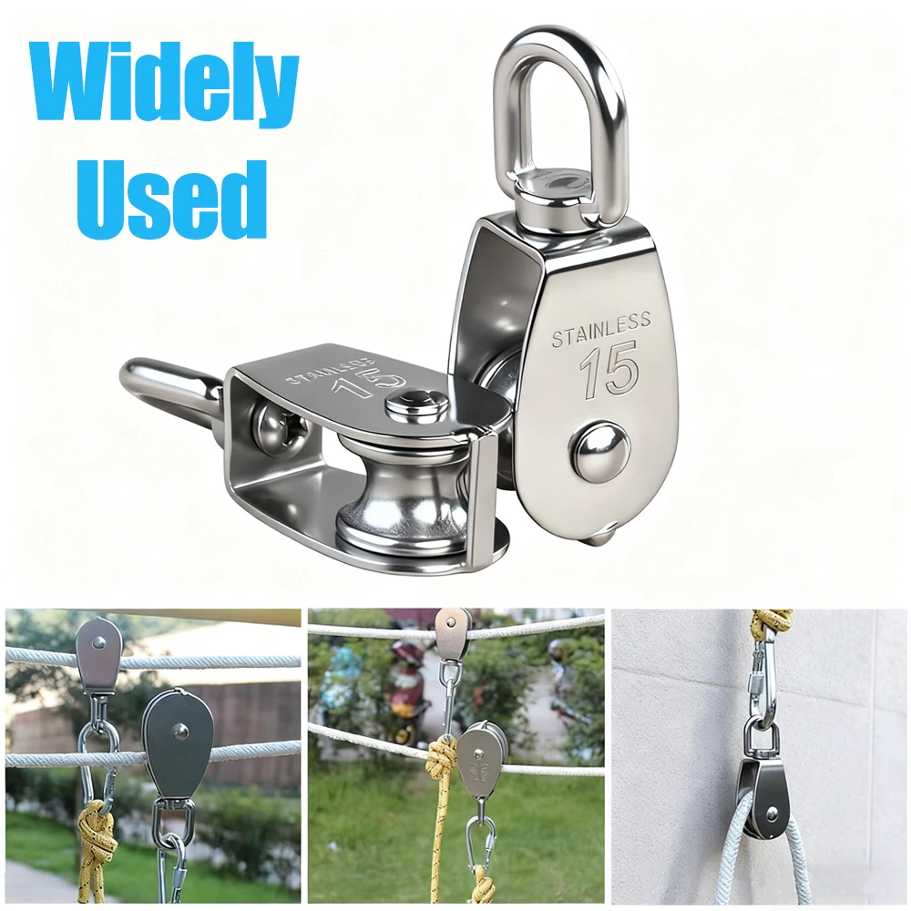 304 Stainless Steel M15 Single Pulley Block Wire Rope Hanging Wire Towing Wheel with Spring Snap Hook with 360° Rotation