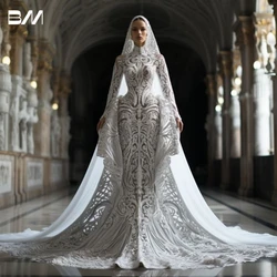 Arabic High Neck Two Pieces Wedding Dresses For Women Long Sleeves Lace Long Bride Dress Muslim Bridal Gown Custom Made