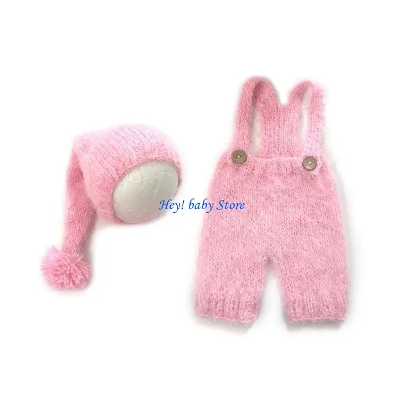 Q1FE Newborn Photo Props Knit Turban Hat Suspenders Pants Posing Clothes Baby Photography Outfit Infant Photoshoots Costume