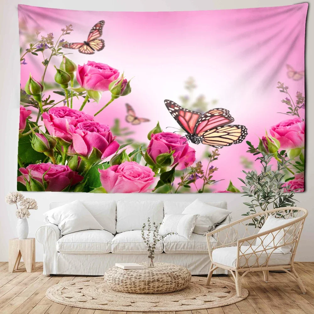 Rose and Butterfly Tapestry Wall Hanging Natural Art Flower Modern Style Minimalist Art Living Room Home Decor