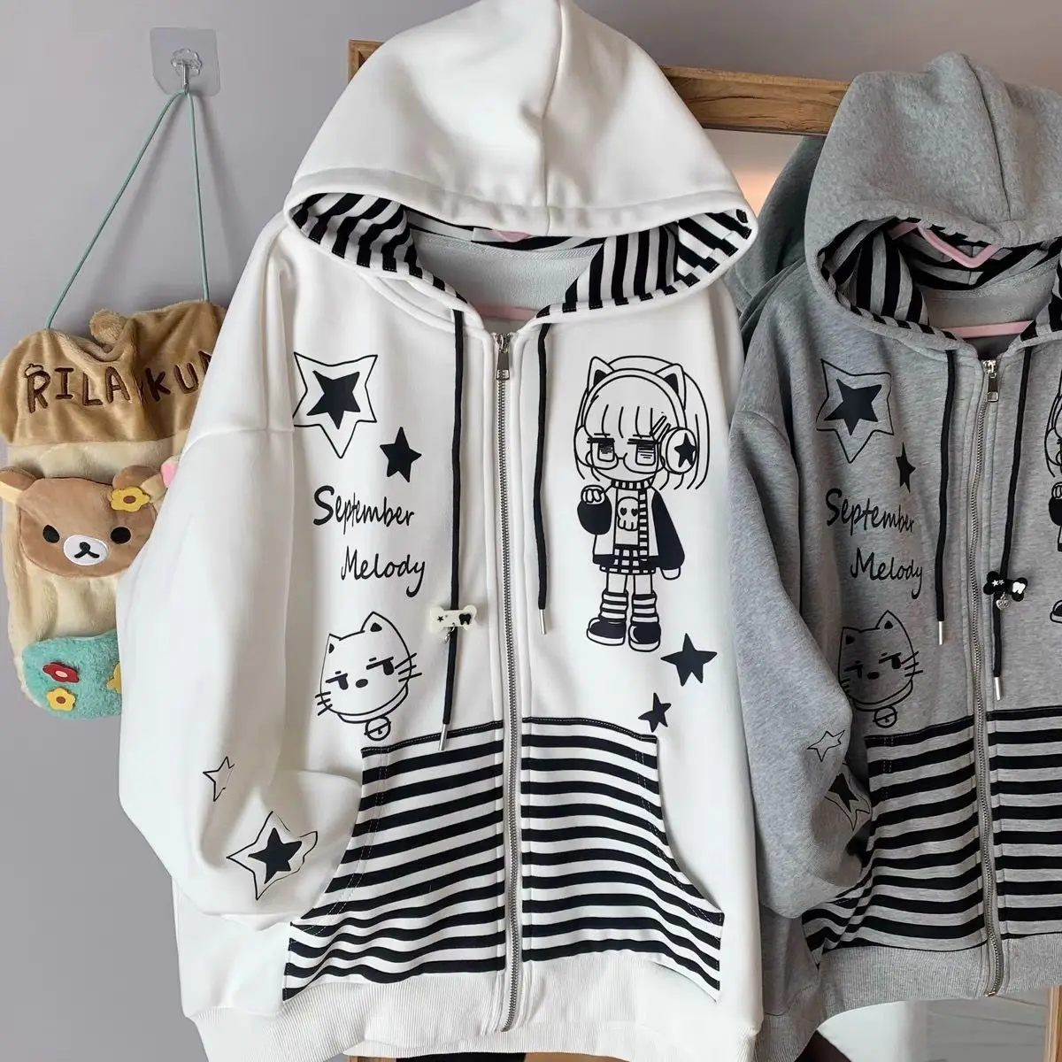 

Japanese Sweet Cartoon Print Hooded Sweatshirt Women Y2k Aesthetic Zipper Hoodie Striped Patchwork Gothic Vintage Harajuku Tops