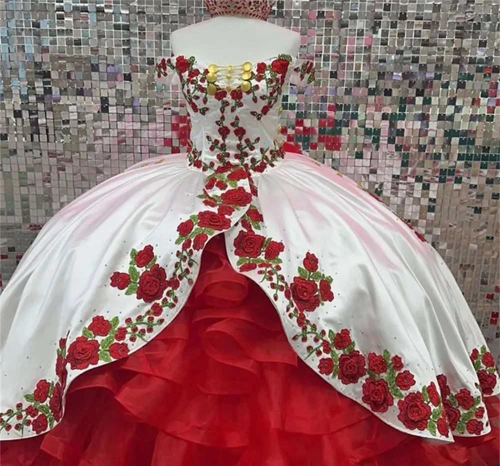 Red White Quinceanera Dresses Ball Gown Off The Shoulder Appliques Sweet 16 Dresses 15 Años Mexican Customized