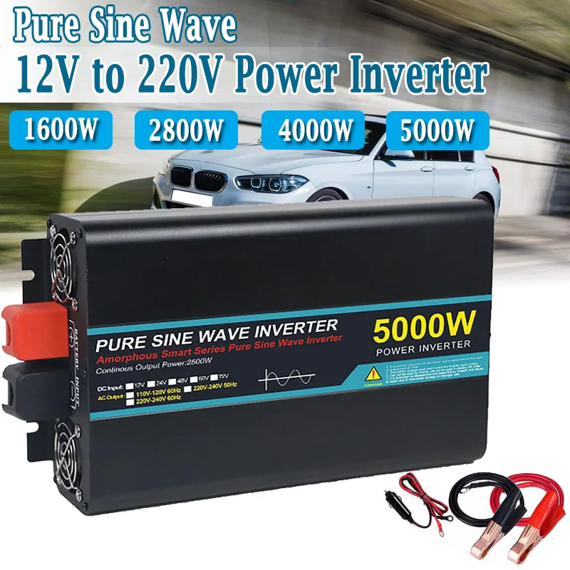 Pure Sine Wave Car Inverter 12V to 220V 5000/4000/2800/1600W Intelligent Voltage Transformer Over-current Protection LCD Display