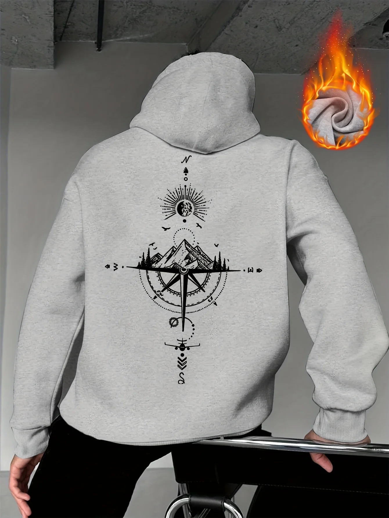 Men's Autumn-Winter Mountain River Sun Moon Compass Print Hooded Down Jacket, Versatile Sportive Casual Loose Hooded Jacket