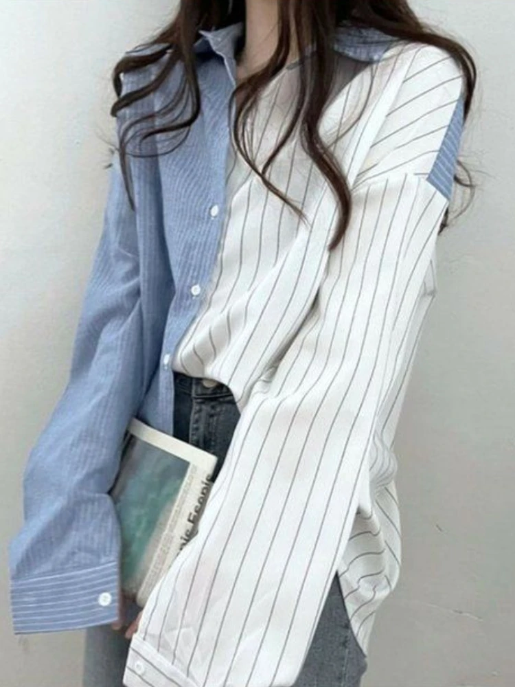 Vertical Striped Shirts Women Baggy S-3XL Irregular Korean Fashion Preppy Harajuku Lady Camisas Long Sleeve Spring Temper Teens