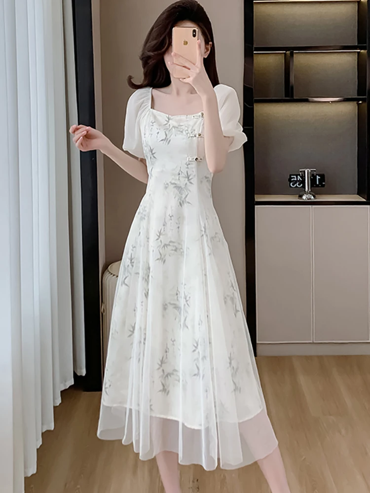 

Женское корейское модное повседневное домашнее платье, летнее белое платье с принтом, шифоновое, с сетчатыми вставками, длинное, 2026, элегантное, роскошное, праздничное платье