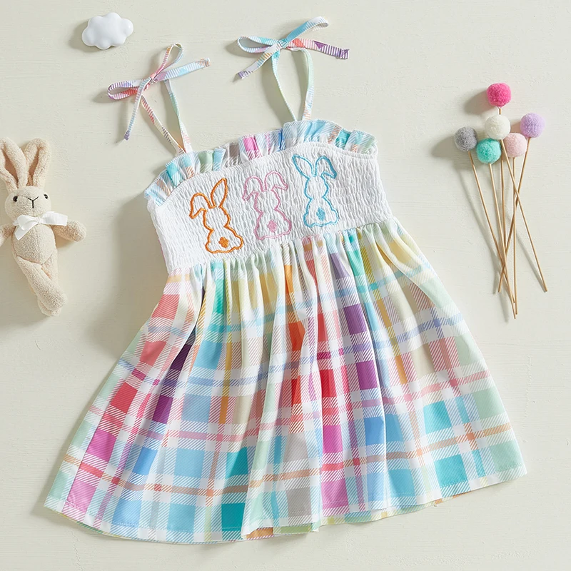 Tregren 1-5Y Toddler Infant Girls Plaid Dress Summer Sleeveless Tie Shoulder Bunny Embroidery Smocked A-Line Dress Easter Outfit